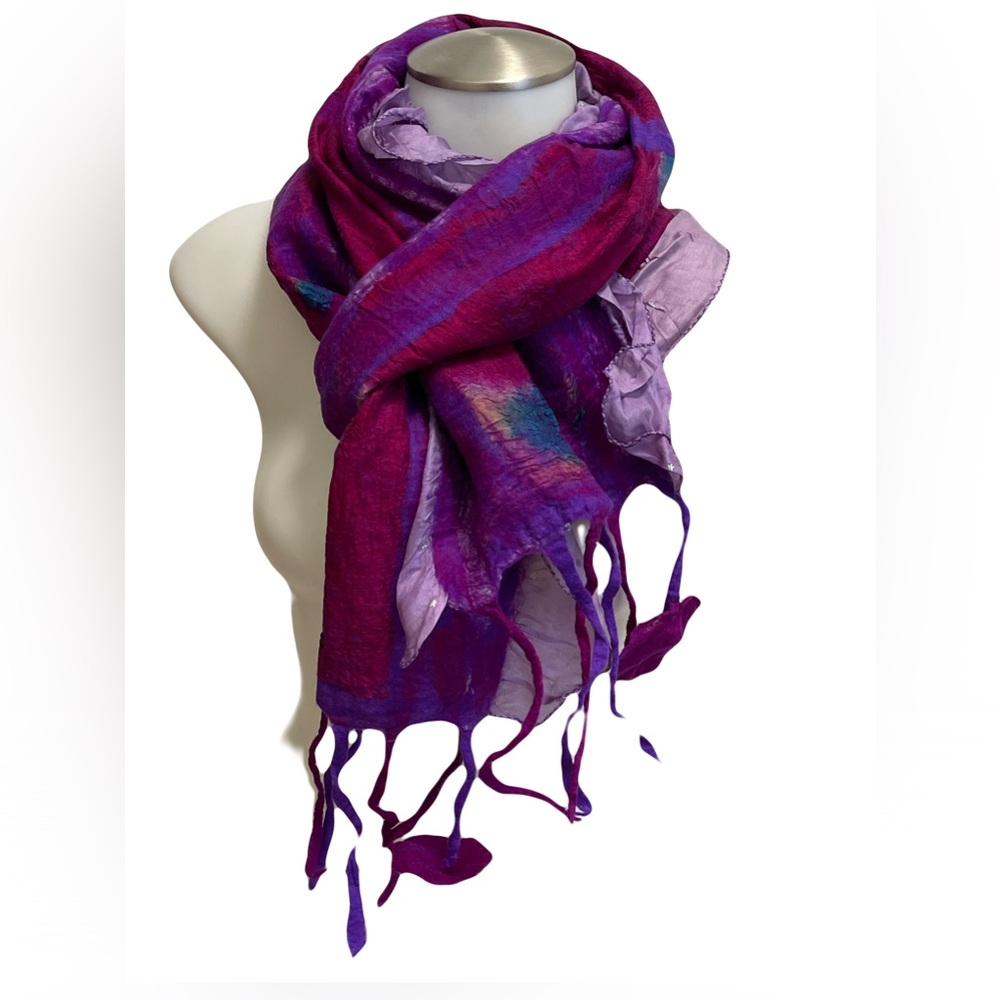 Purple and Pink Nuno Felted Merino Wool and Silk Women's Scarf